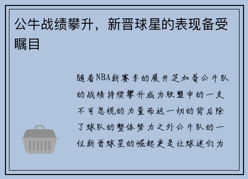 公牛战绩攀升，新晋球星的表现备受瞩目